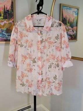 GUESS Cotton Silk Blend Pink Floral Long Sleeve Button Down Shirt Women's Size L